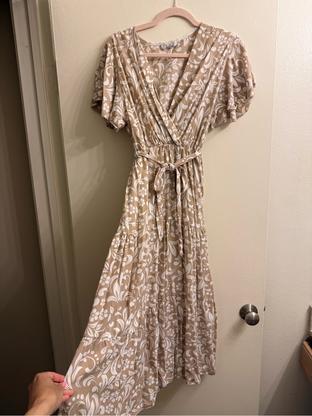 Beige Floral Midi Dress with Belt - Classic Women's Summer Dress